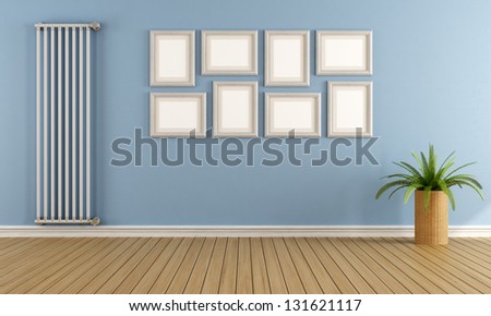 Blue empty room with vertical radiator and empty frame - rendering