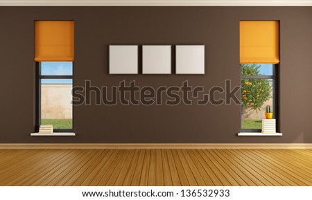 Brown empty room with two windows - rendering- the image on background is a my rendering composition