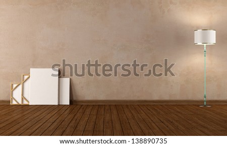 Empty grunge room with blank canvas on a stretcher - rendering