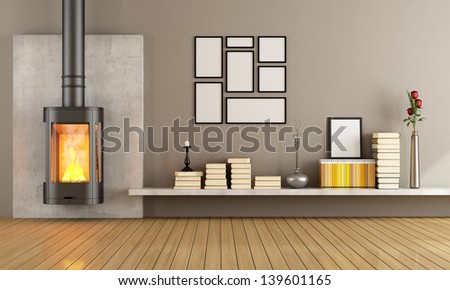 Empty Living Room With Modern Fireplace - Rendering