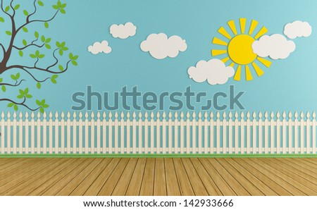 Empty Child Room With Wooden Fence,Sun,Clouds And Grass On Blue Wall - Rendering