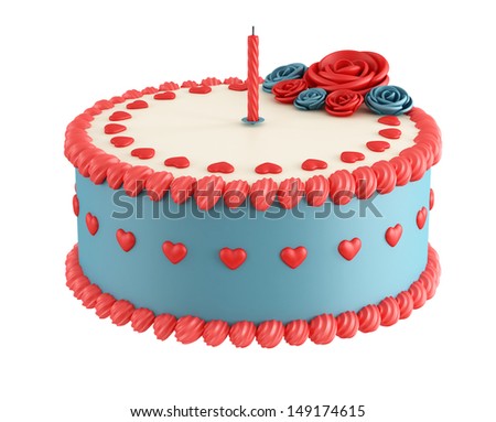 Birthday cake with heart,flower and candel isolated on white - rendering