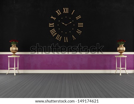 Empty vintage black and purple room with big wall clock - rendering