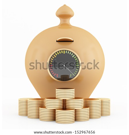 Full clay piggy-bank with fuel gauge and coins isolated on white - rendering