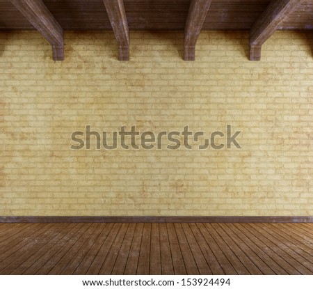Empty grunge room with old brick wall and wooden ceiling - rendering