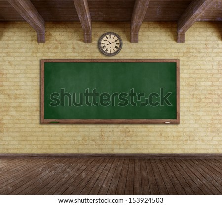 Empty Vintage Classroom With Blackboard On Grunge Brick-Wall - Rendering