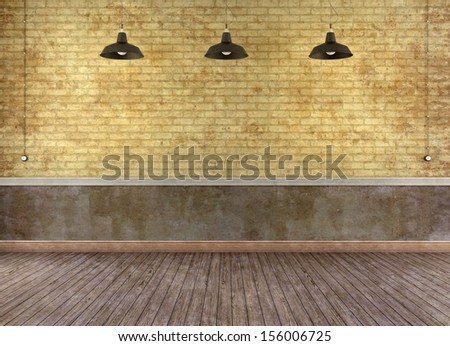 Empty Grunge Room With Dirty Concrete Brick Wall And Old Lamp- Rendering