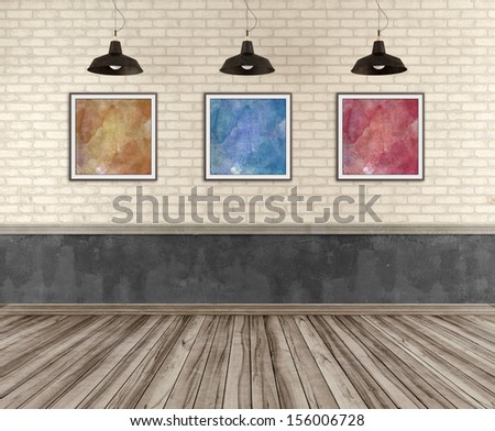 Empty Grunge Room With Dirty Concrete Brick Wall, Colorful Picture And Old Lamp - Rendering