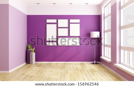 Empty Purple Room With Blank Frame And Big Windows - Rendering