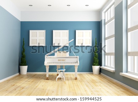 Blue chamber music with a white grand piano rendering Blue chamber music with a white grand piano rendering
