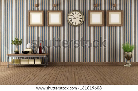 Empty vintage room with retro objects and wallpaper- rendering