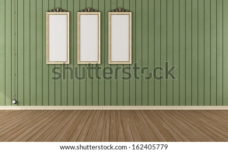 Vintage room with green wall paneling and empty frames - render