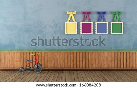 Vintage play room with tricycle e and colorful frame with bow- rendering