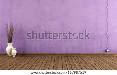Purple grunge interior with vase and wall outlet - rendering
