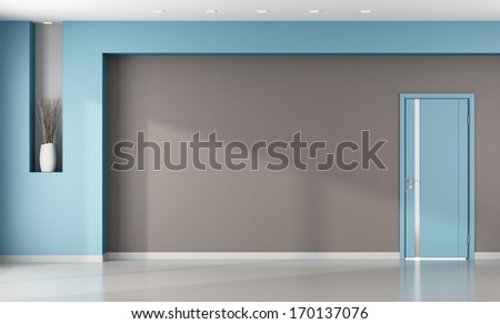 Minimalist Brown And Blue Interior With Closed Modern Door - Rendering