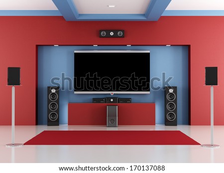 Red and blue home cinema room with led tv - rendering