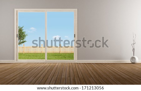 Empty modern living room with closed sliding window - rendering - the image on background is a my rendering composition