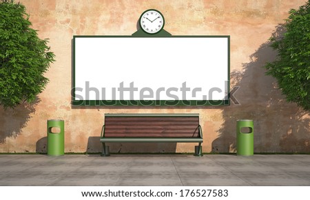 Blank street billboard on grunge wall with bench and recycle bins - rendering