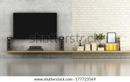 Living Room Without Furniture With Shelf ,Tv And Concrete Panel - Rendering