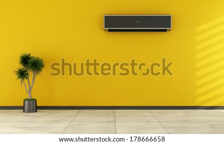 Yellow empty room with black air conditioner on wall - rendering