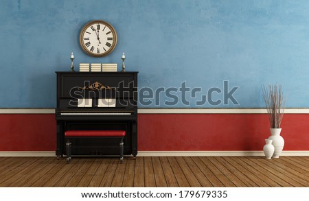 Retro music room with black vertical piano - rendering