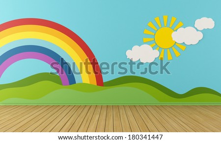Empty Playroom with rainbow,green hills, sun and clouds on the wall- rendering