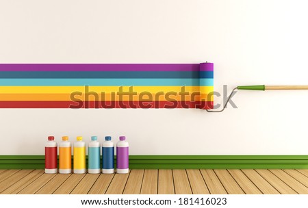 Select color swatch to paint wall in a empty room with samples of colorful paint rendering Select color swatch to paint wall in a empty room with samples of colorful paint rendering