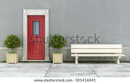 Facade of an old house with bench and plant - rendering
