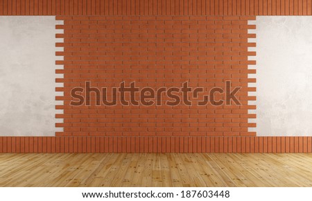 Empty room with brick wall and wooden floor - rendering