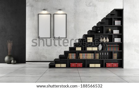 Minimalist Living room with a wooden staircase and bookcase - rendering
