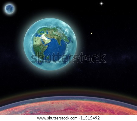 The Ice age, frozen earth and moon from frozen sun - digital art work