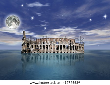surrealistic view of the colosseum partially sunk in the ocean - digital artwork