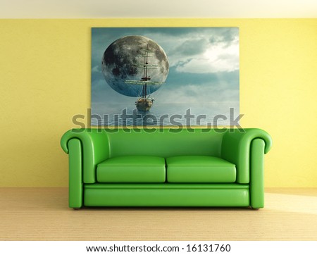 green leather sofa and picture -digital artwork