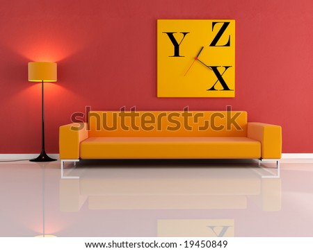 orange sofa and lamp on red wall -rendering