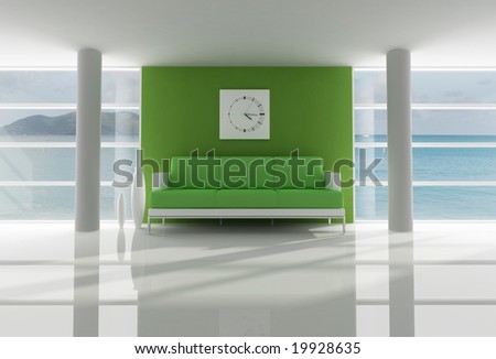 interior of a sea house with green sofa -digital artwork