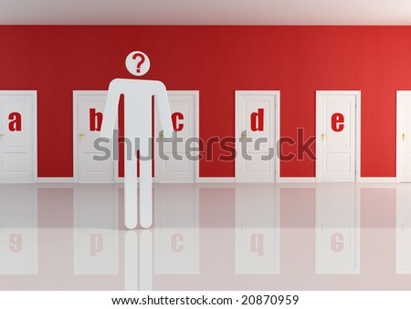 conceptual -thoughtful man before to a choice represented by white doors