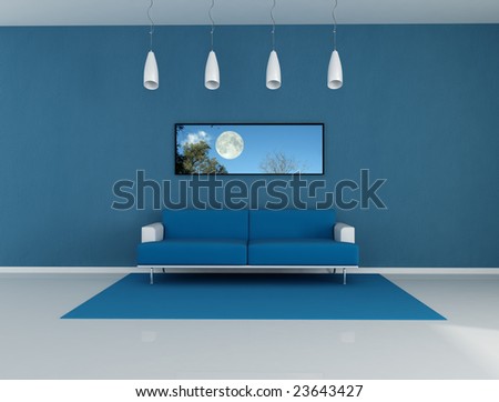 blue living room with picture in the wall - digital artwork. The picture art on wall is a my photo.