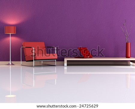 Violet living room with armchair and laptop