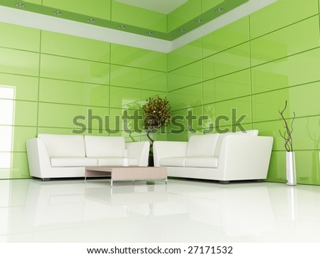 contemporary green and white living room - rendering