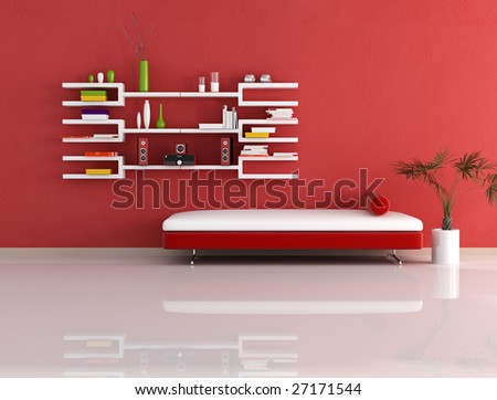 living room with modern couch and bookcase - rendering