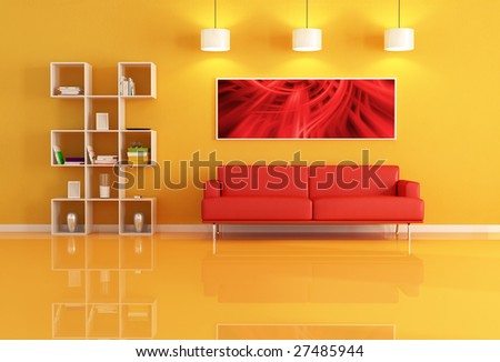 living room white modern bookcase,sofa and abstract picture.