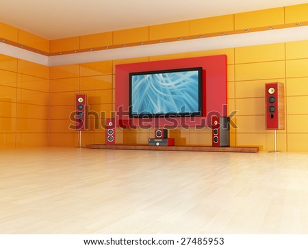 Living Room Theater on Empty Living Room With Home Theater System   Digital Artwork   Stock