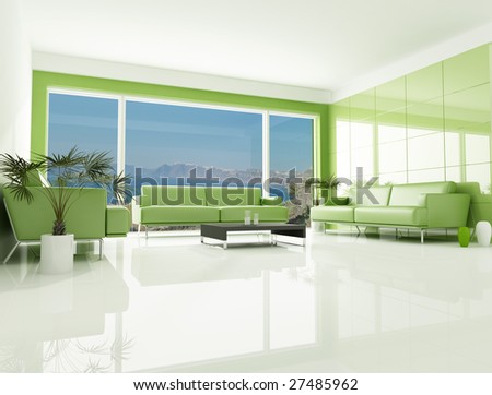 modern interior of an holiday villa - the image on background is a my photo Santorini coast - digital artwork