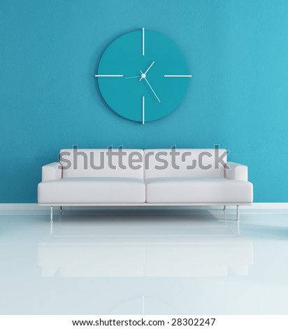 Contemporary blue interior with sofa and modern clock  - rendering
