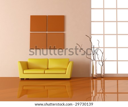 yellow couch in a modern living room - rendering