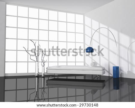 white and black living room with blue lamp - rendering