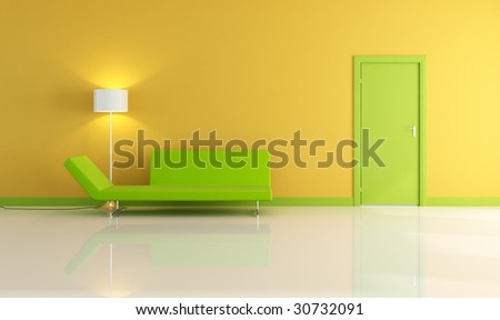 yellow interior with green door and sofa -rendering