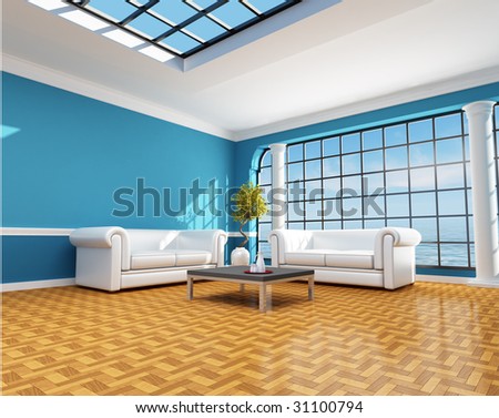 Classic blue living room of a beach house - rendering