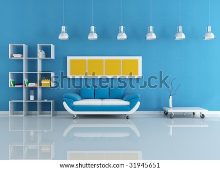 velvet modern couch in blue living room - rendering