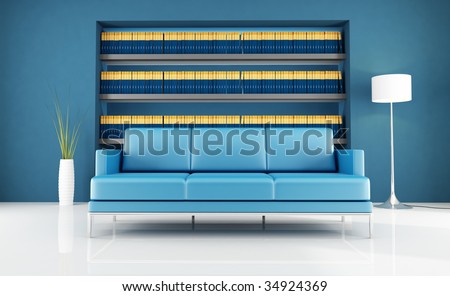 blue modern couch against bookshelf